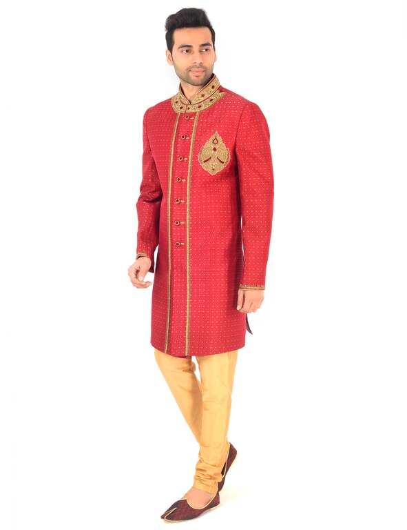 SMVM Indo Western Sherwani Mens Wear With Jardoshi Hand Work Red Colour Golden Dot Print (40)